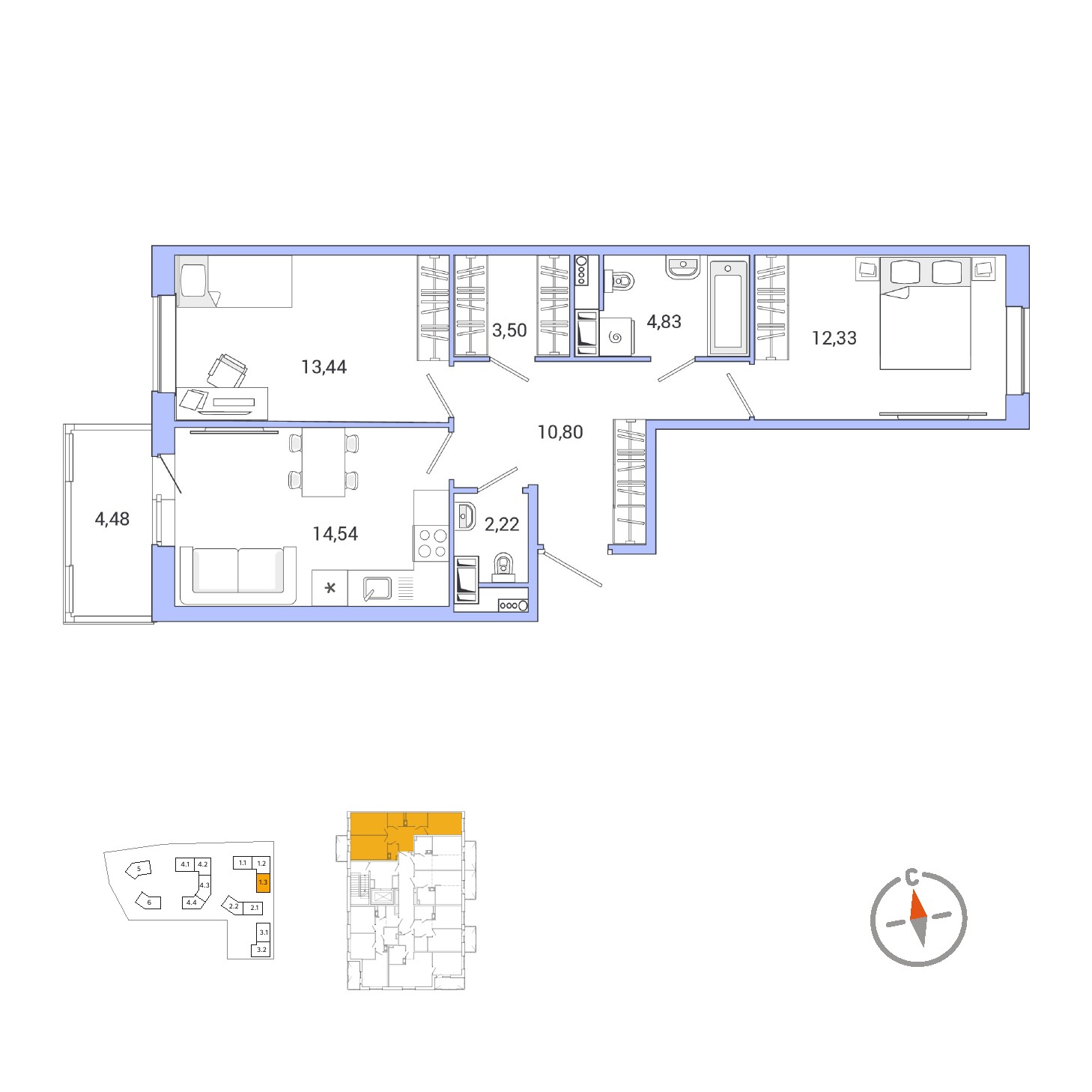2 комн. квартира, 63 м², 8 этаж 