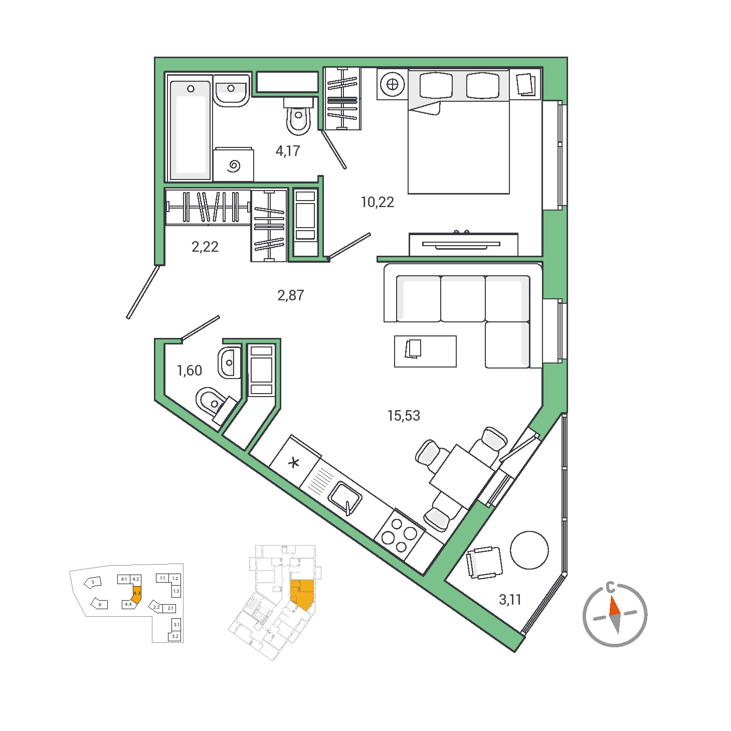 1 комн. квартира, 38.2 м², 6 этаж 