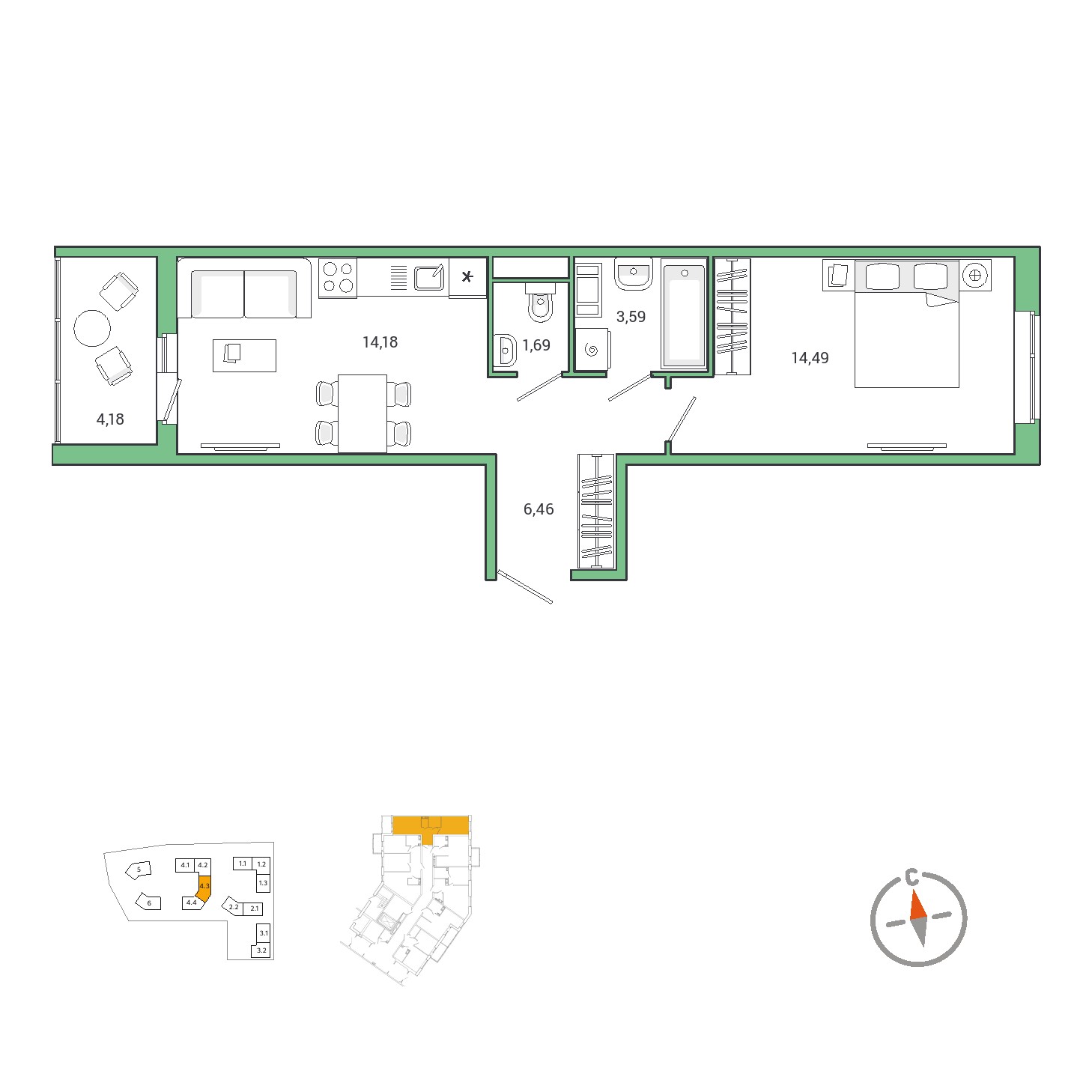 1 комн. квартира, 42.5 м², 1 этаж 