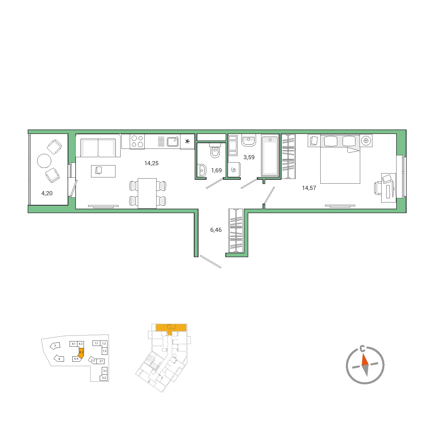 1 комн. квартира, 42.7 м², 5 этаж 