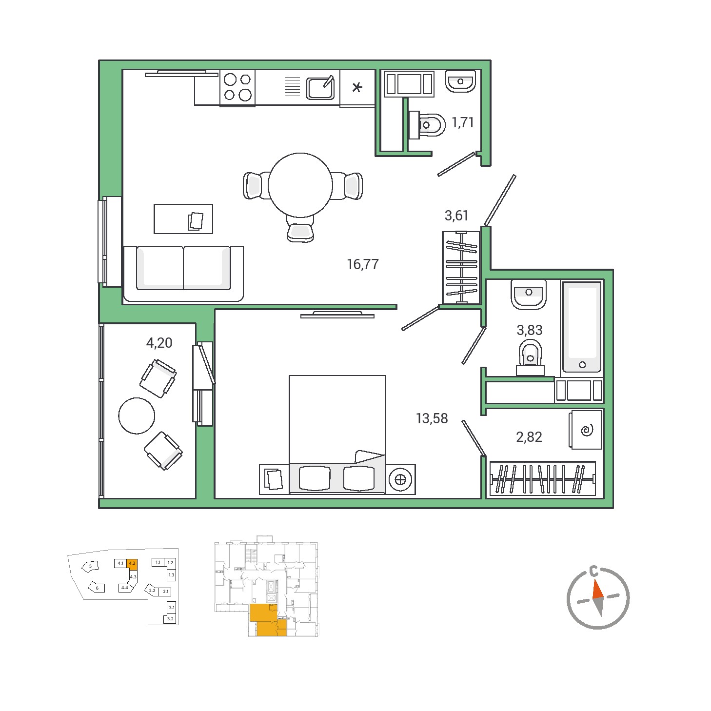 1 комн. квартира, 44.4 м², 5 этаж 