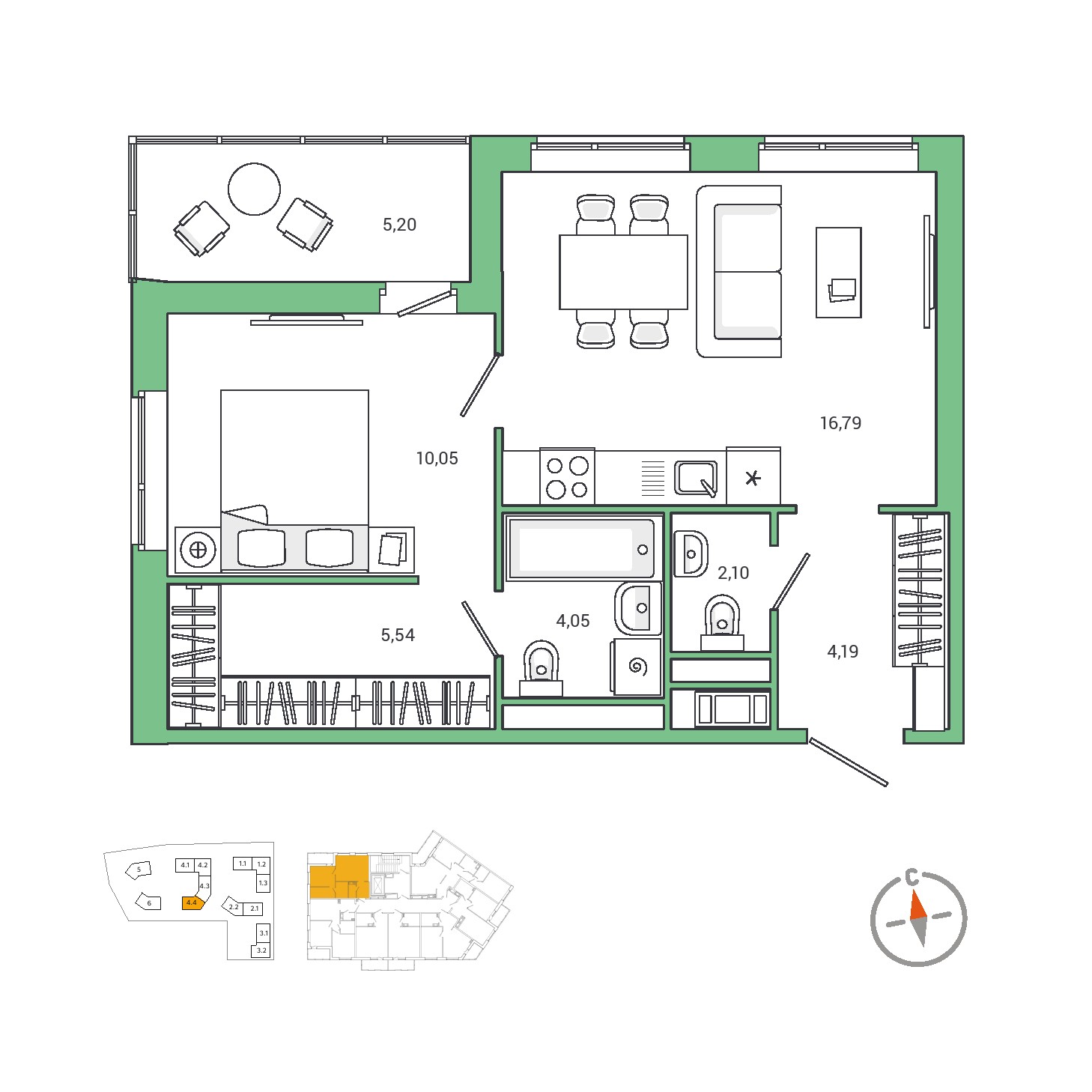 1 комн. квартира, 45.4 м², 6 этаж 
