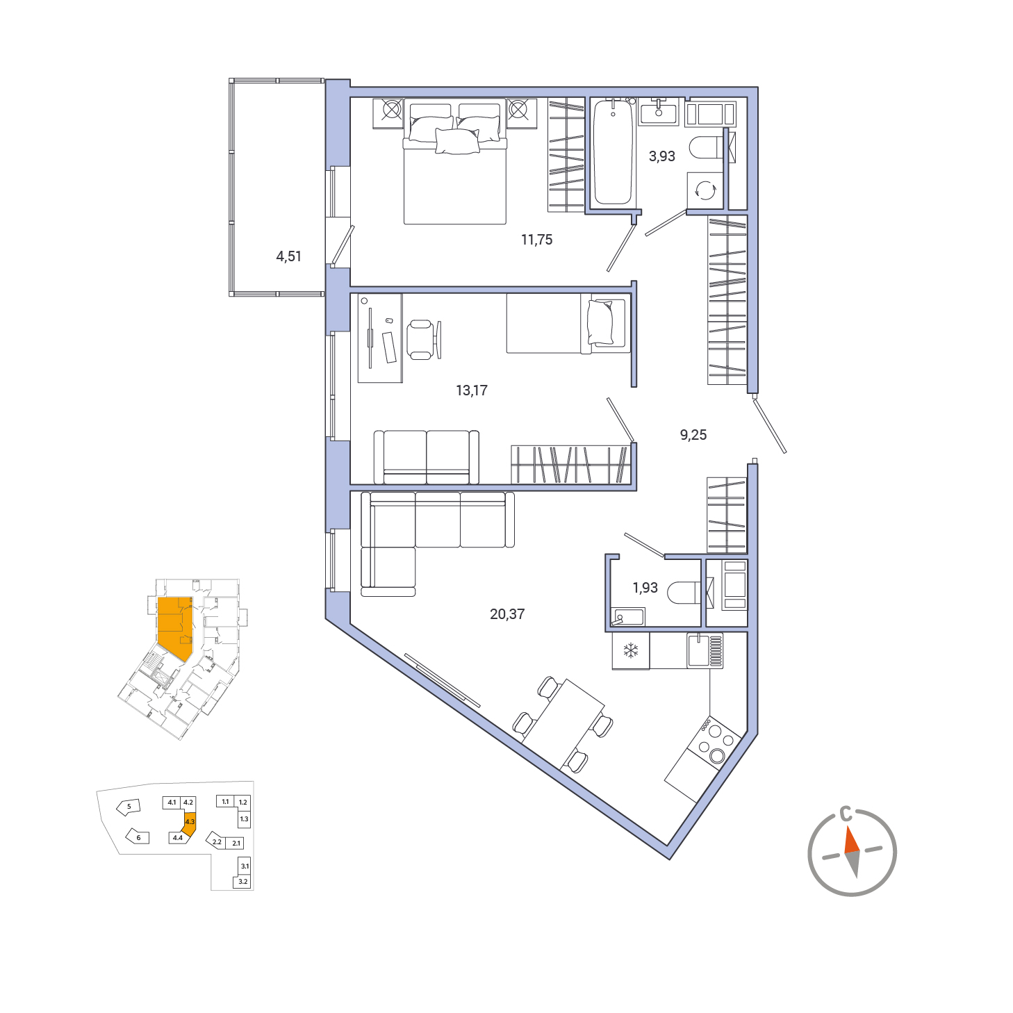 2 комн. квартира, 61.8 м², 5 этаж 