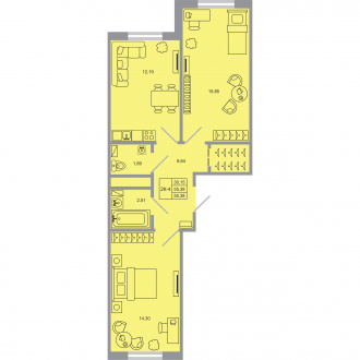 2 комн. квартира, 55.4 м², 3 этаж 