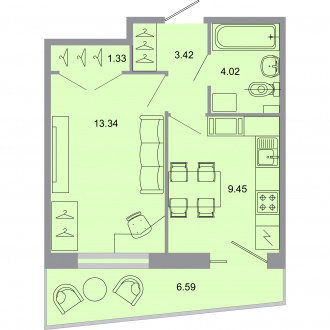 1 комн. квартира, 32.6 м², 2 этаж 