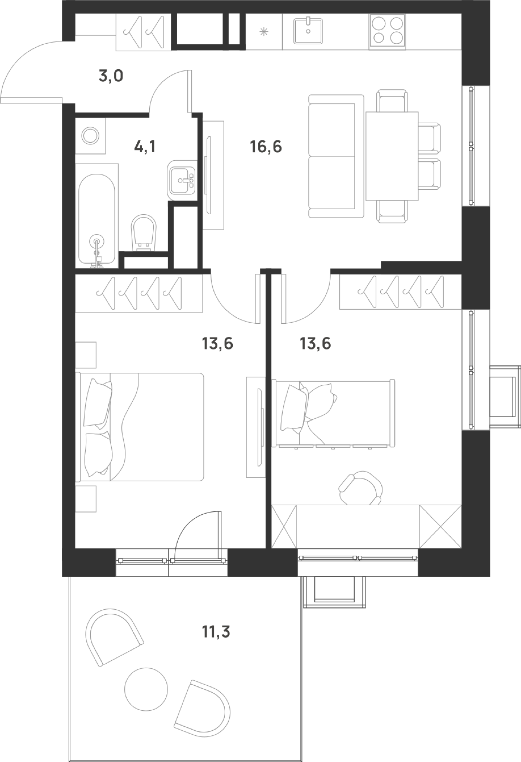 2 комн. квартира, 54.3 м², 2 этаж 