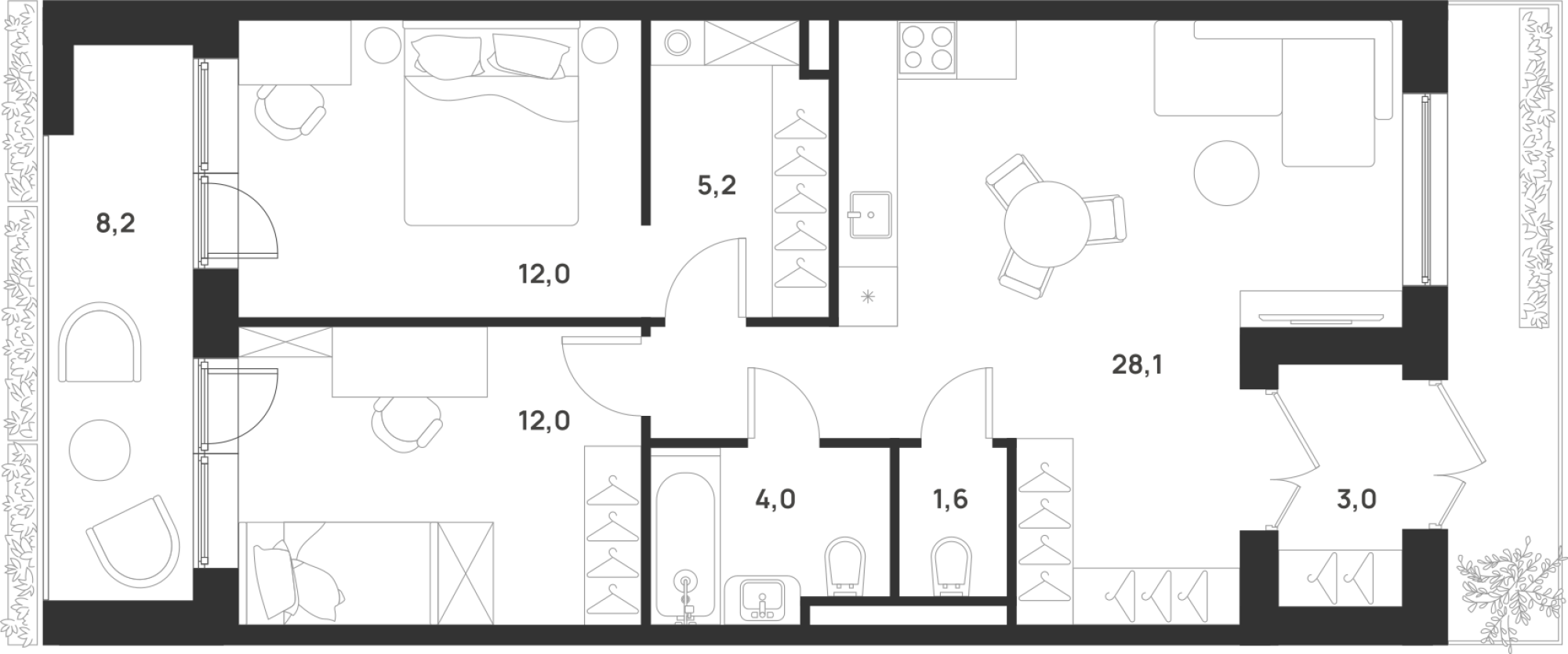 3 комн. квартира, 68.4 м², 1 этаж 