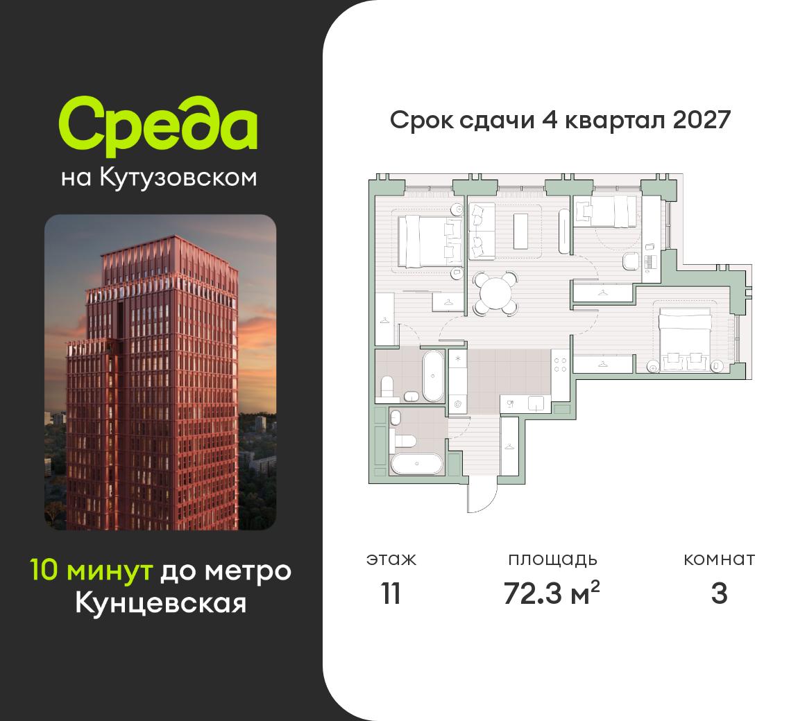 3 комн. квартира, 72.3 м², 11 этаж  (из 30)