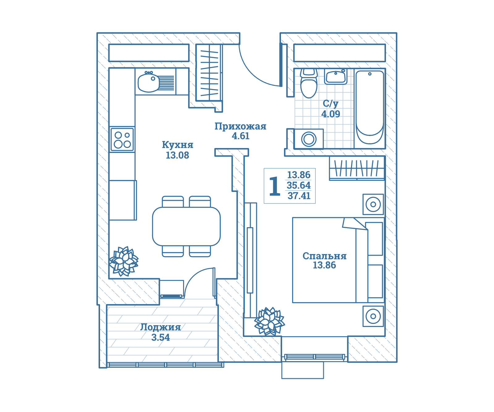 1 комн. квартира, 38.2 м², 1 этаж 