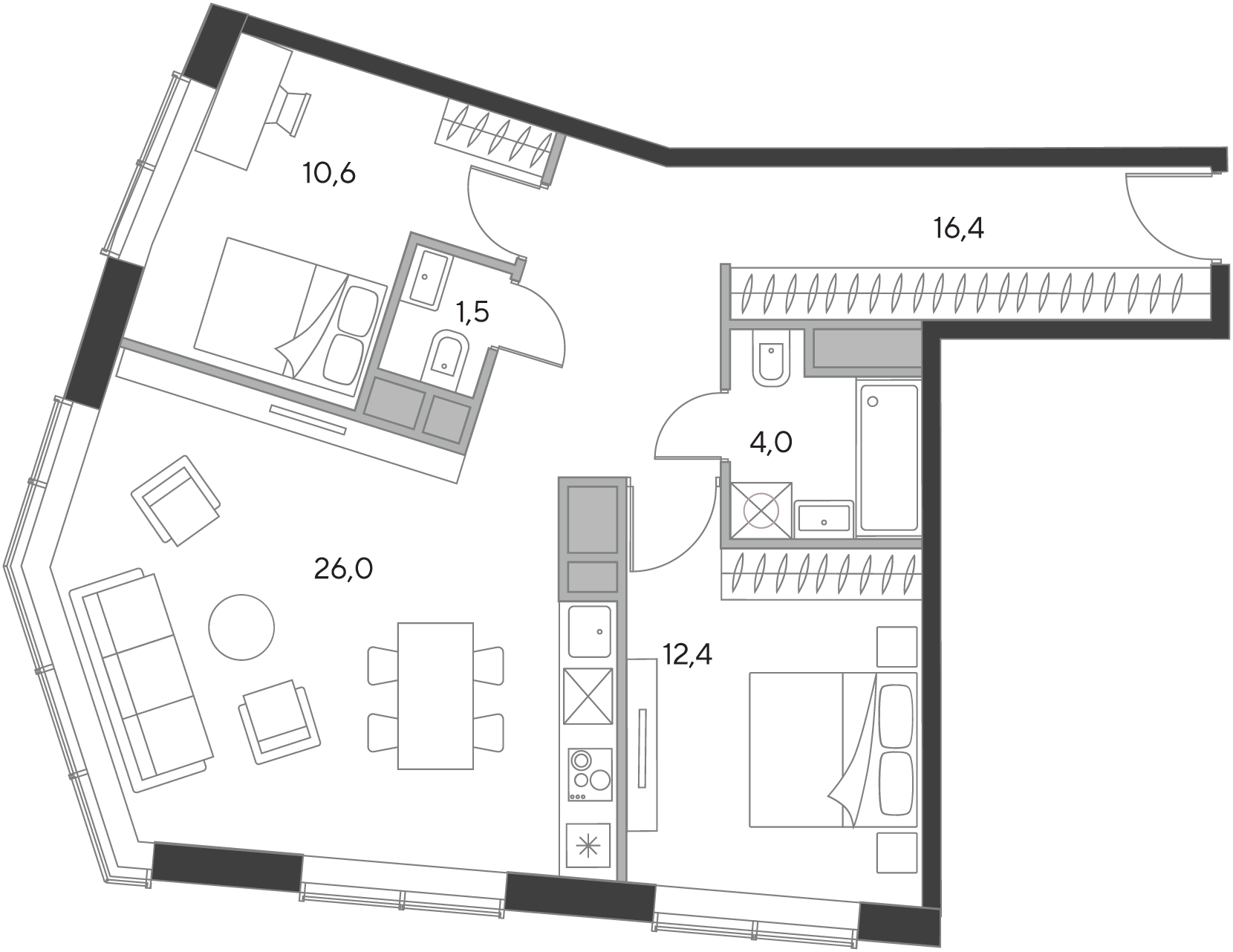 2 комн. квартира, 70.4 м², 16 этаж  (из 21)