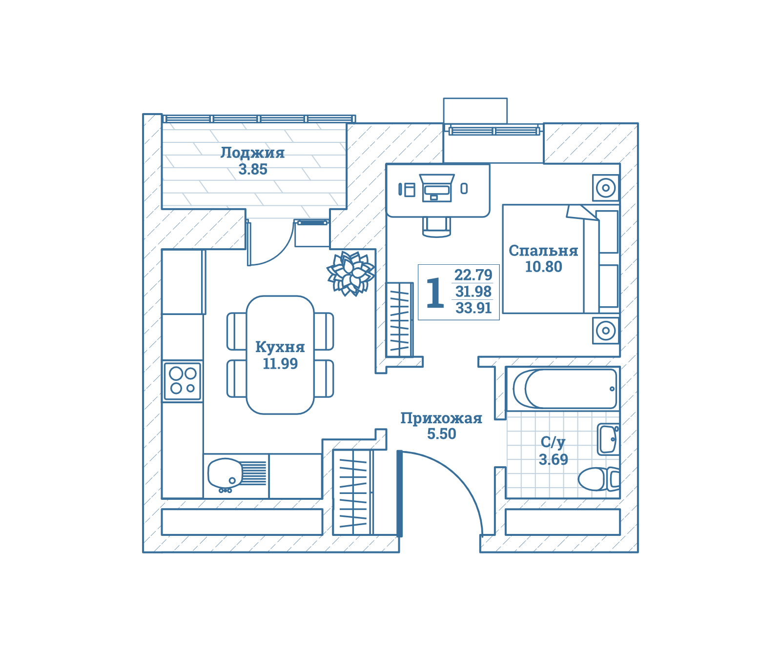 1 комн. квартира, 34.3 м², 3 этаж 