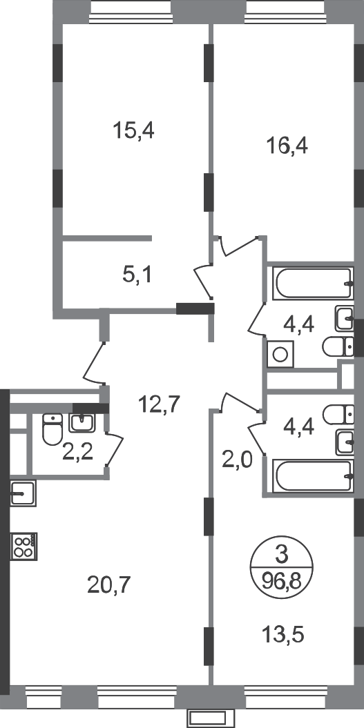 3 комн. квартира, 96.8 м², 9 этаж  (из 9)