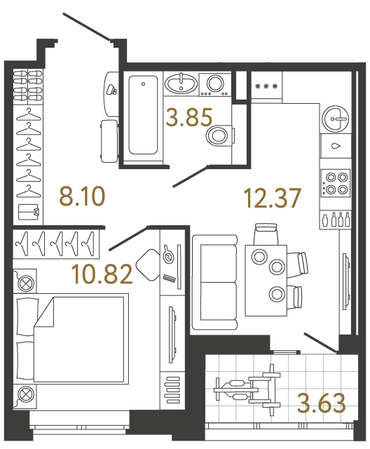 1 комн. квартира, 35.1 м², 2 этаж 