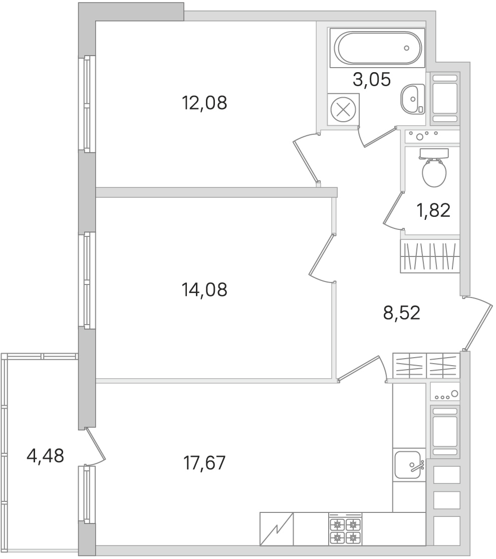 2 комн. квартира, 57.2 м², 6 этаж 