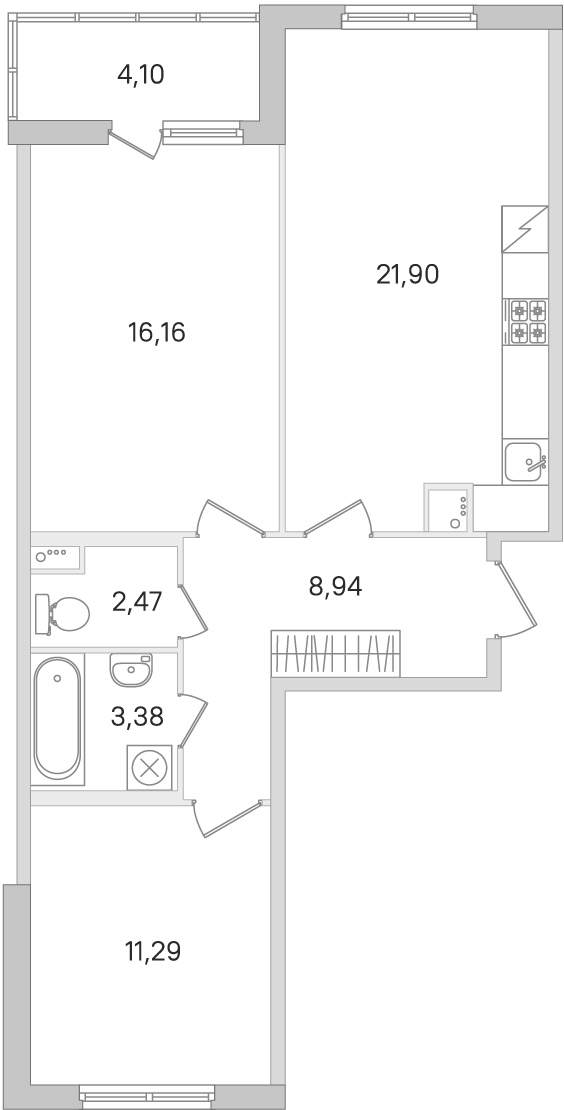 2 комн. квартира, 64.1 м², 1 этаж 
