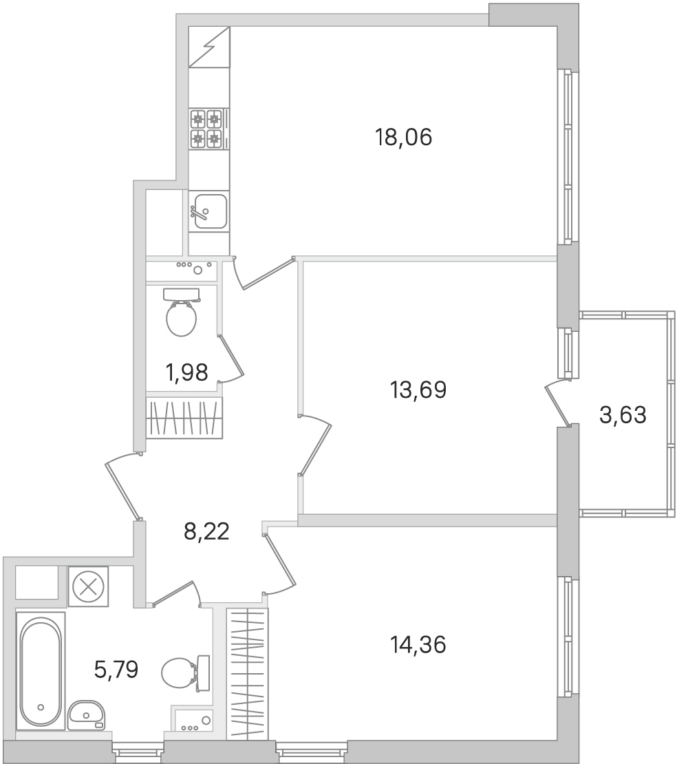 2 комн. квартира, 62.1 м², 2 этаж 