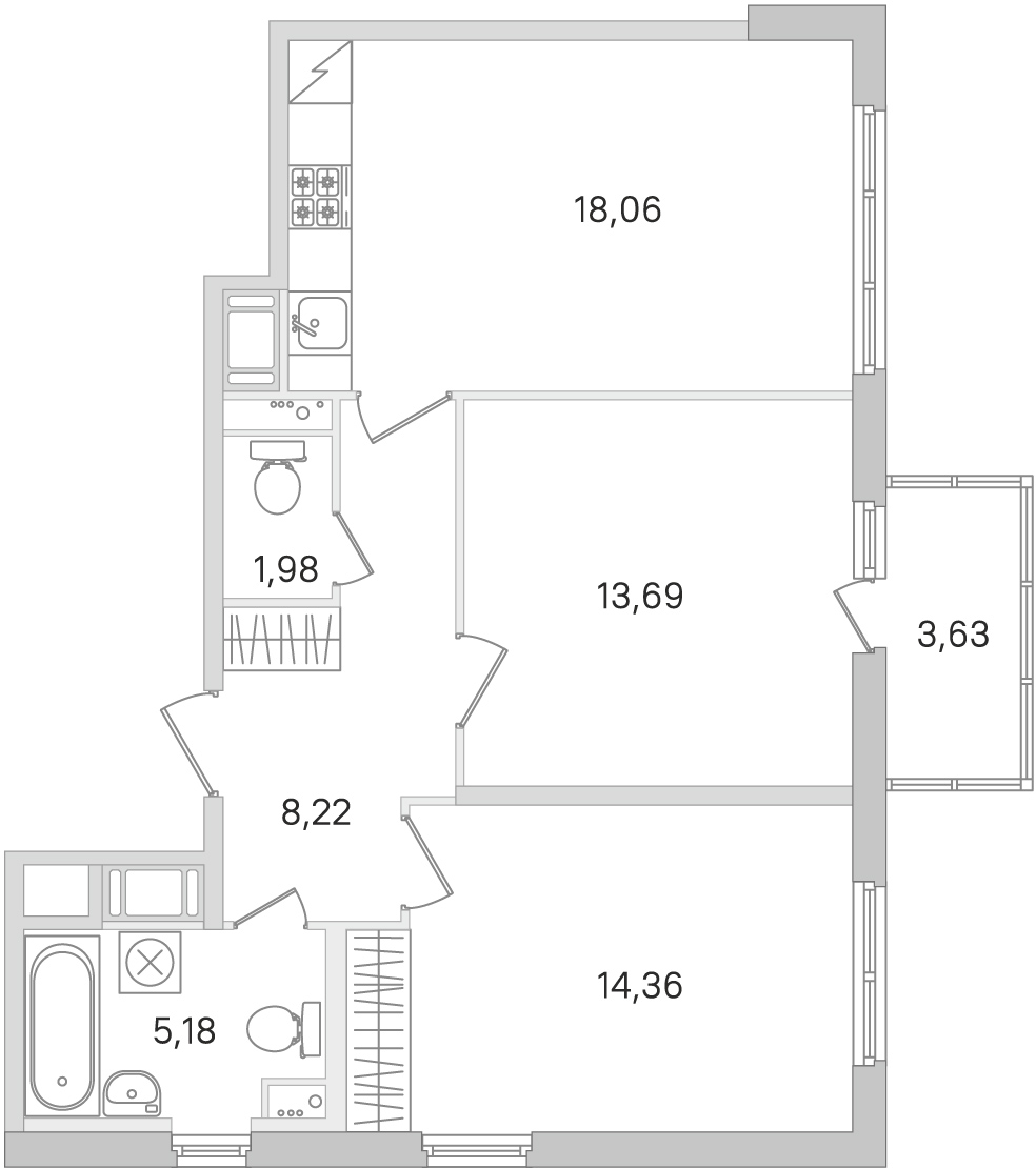 2 комн. квартира, 61.5 м², 3 этаж 