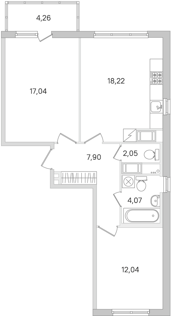 2 комн. квартира, 61.3 м², 4 этаж 