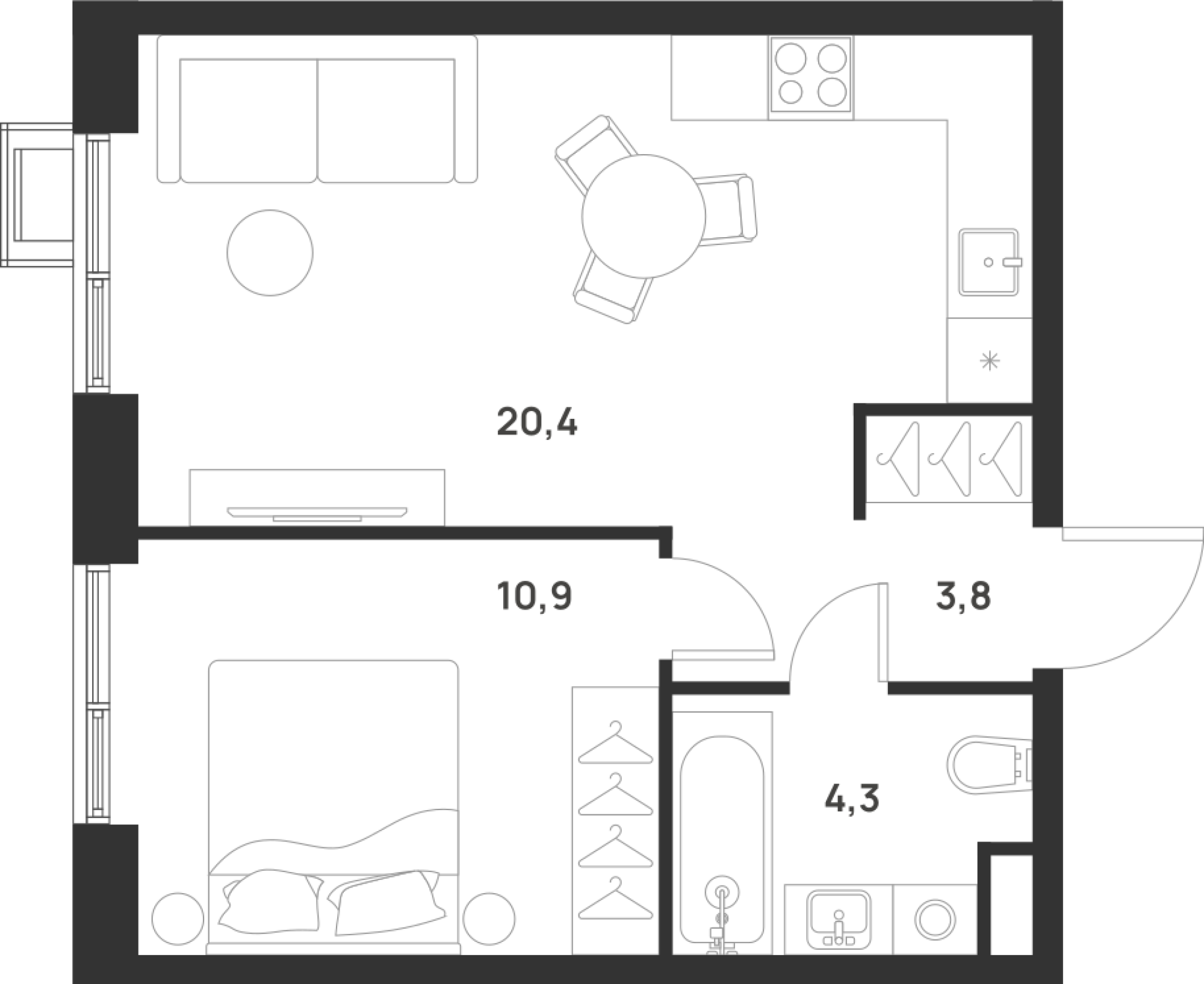 1 комн. квартира, 39.4 м², 16 этаж 
