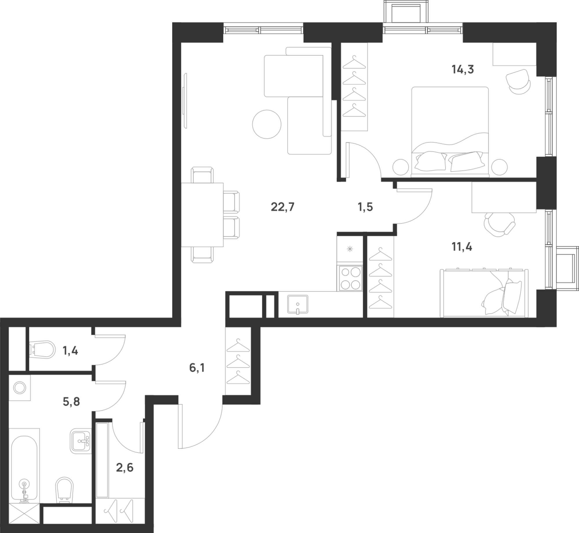 2 комн. квартира, 65.8 м², 16 этаж 