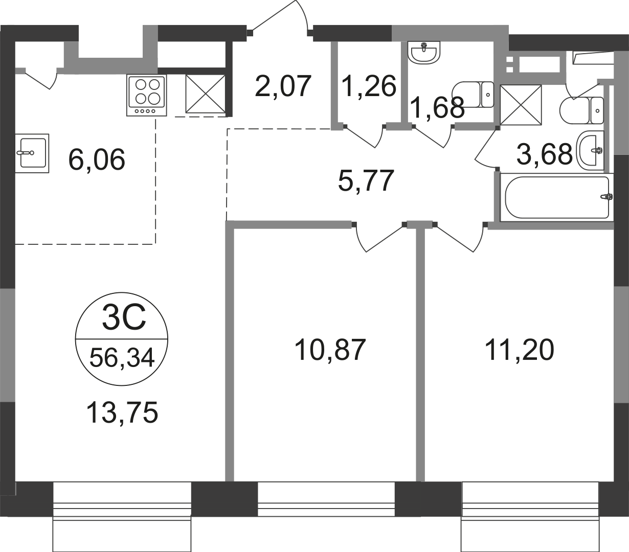 3 комн. квартира, 56.3 м², 20 этаж  (из 22)