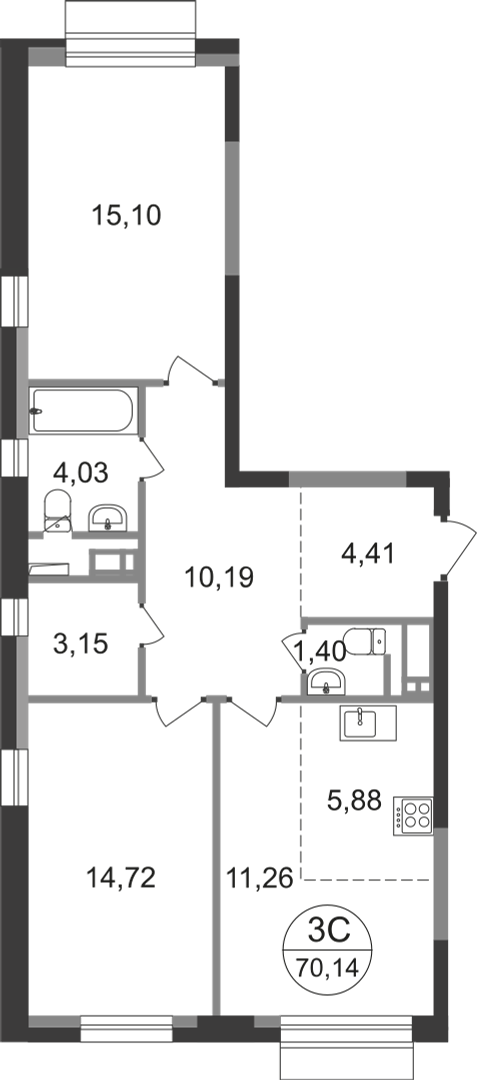 3 комн. квартира, 70.1 м², 8 этаж  (из 22)
