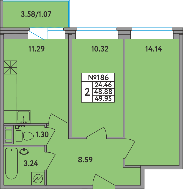 2 комн. квартира, 49.6 м², 3 этаж 