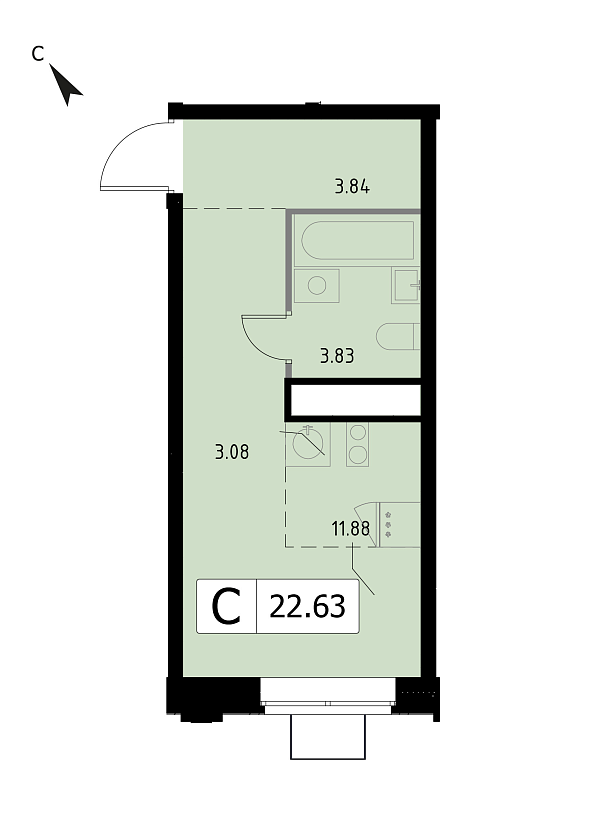 студия, 22.6 м², 15 этаж 