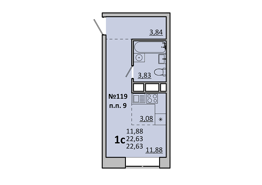 студия, 22.6 м², 12 этаж 