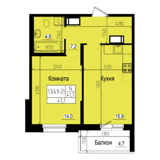 1 комн. квартира, 41.7 м², 23 этаж 