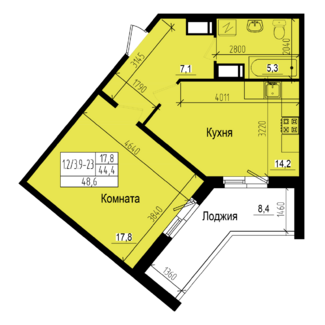 1 комн. квартира, 44.4 м², 21 этаж 