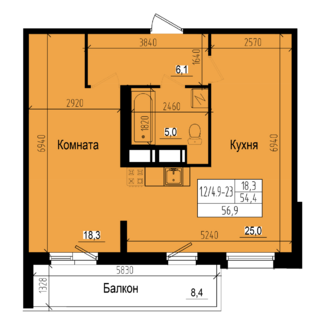 1 комн. квартира, 54.4 м², 22 этаж 