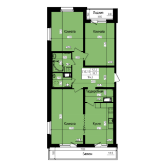 3 комн. квартира, 99.1 м², 4 этаж 