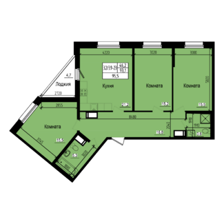 3 комн. квартира, 93.1 м², 23 этаж 