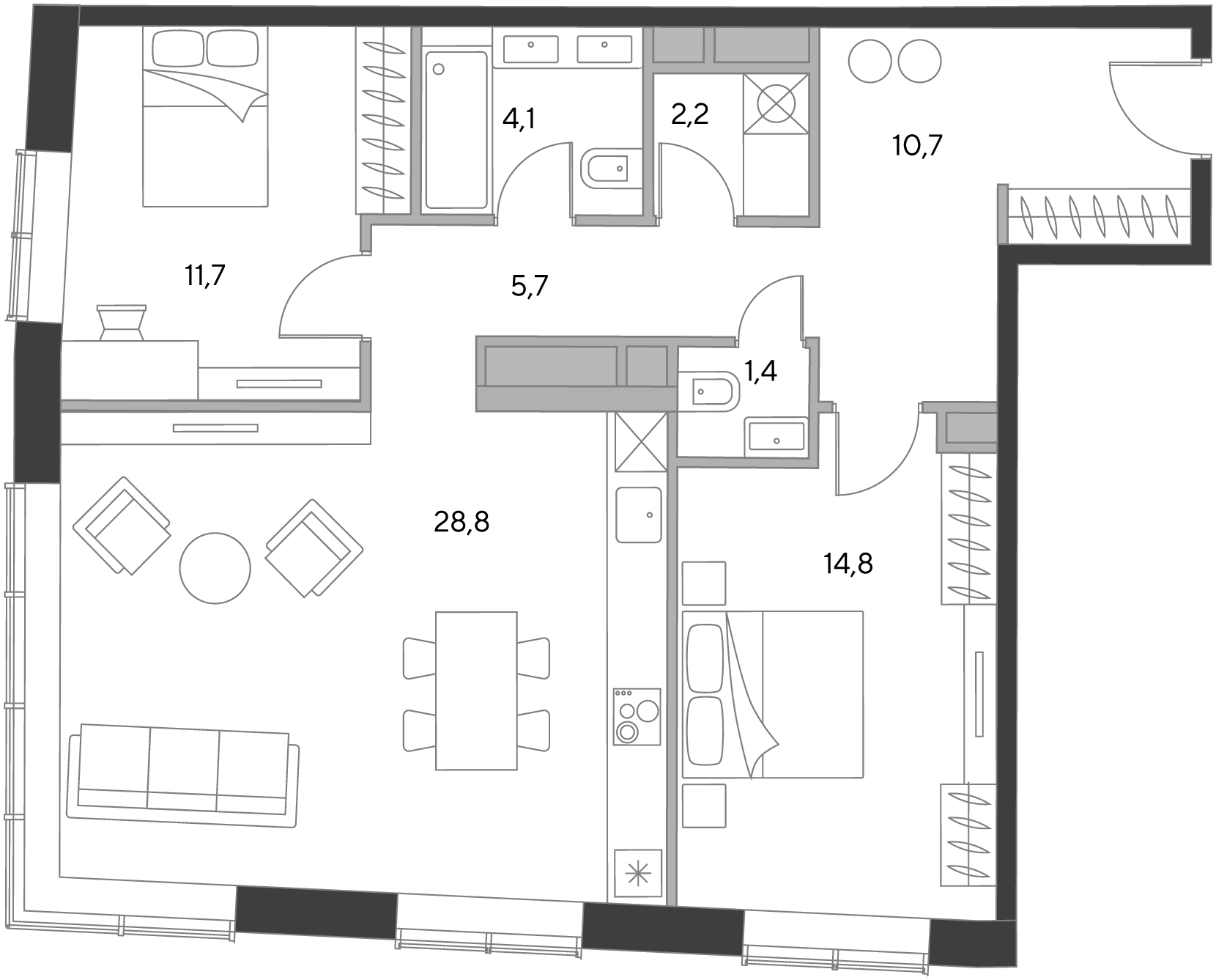 2 комн. квартира, 79 м², 6 этаж  (из 21)