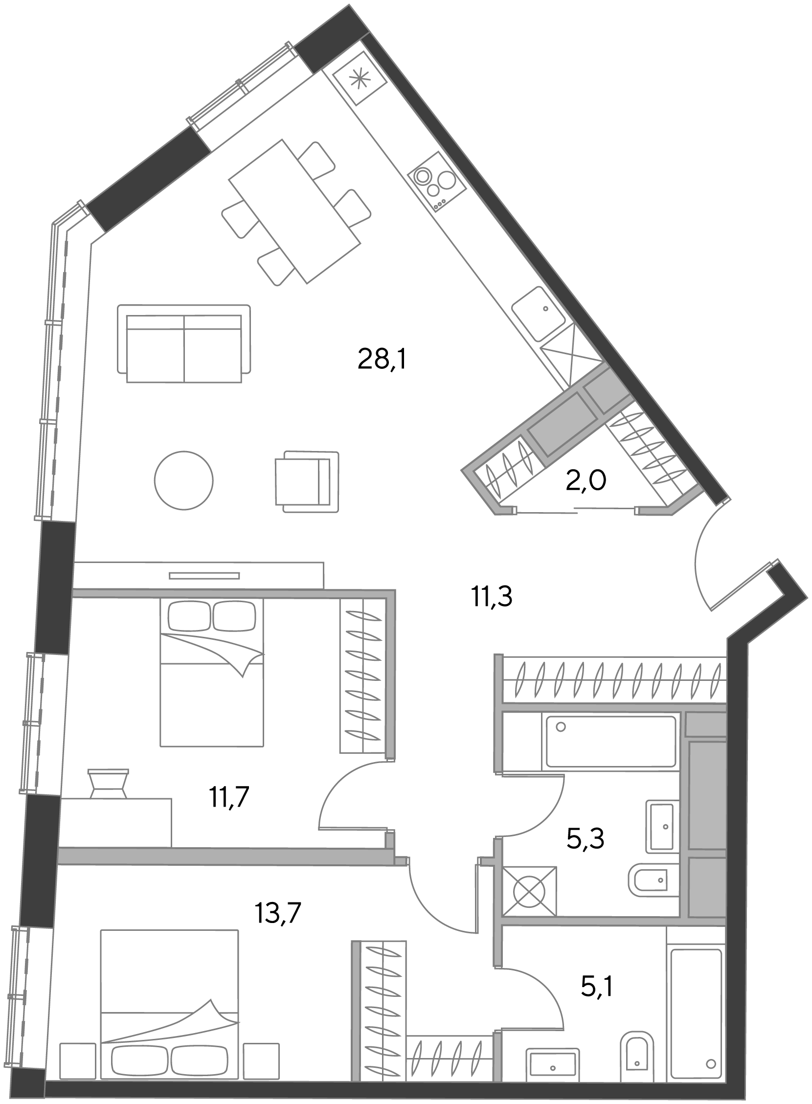 2 комн. квартира, 76.8 м², 7 этаж  (из 21)