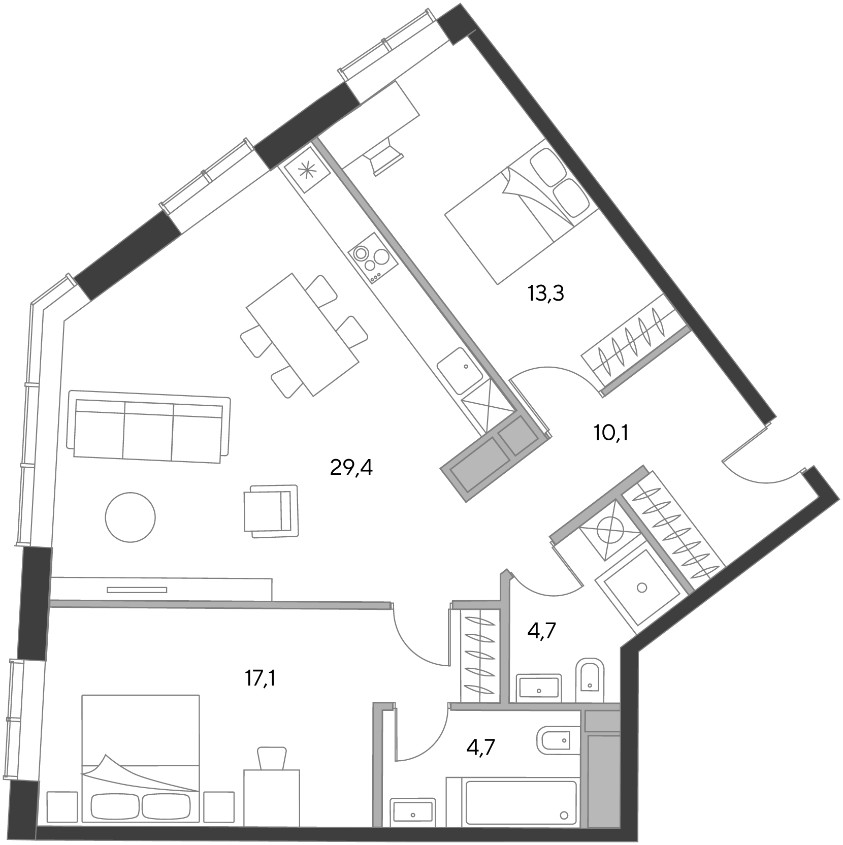 2 комн. квартира, 78.8 м², 19 этаж  (из 21)