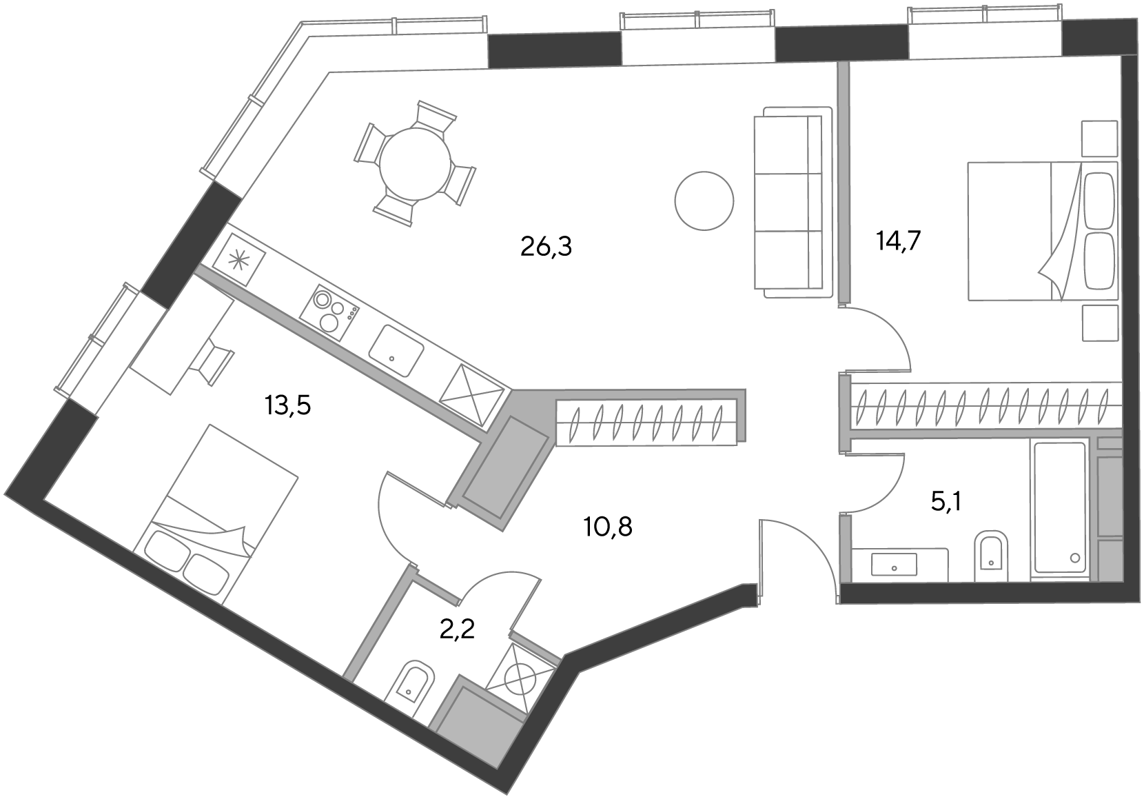 2 комн. квартира, 72.1 м², 19 этаж  (из 21)