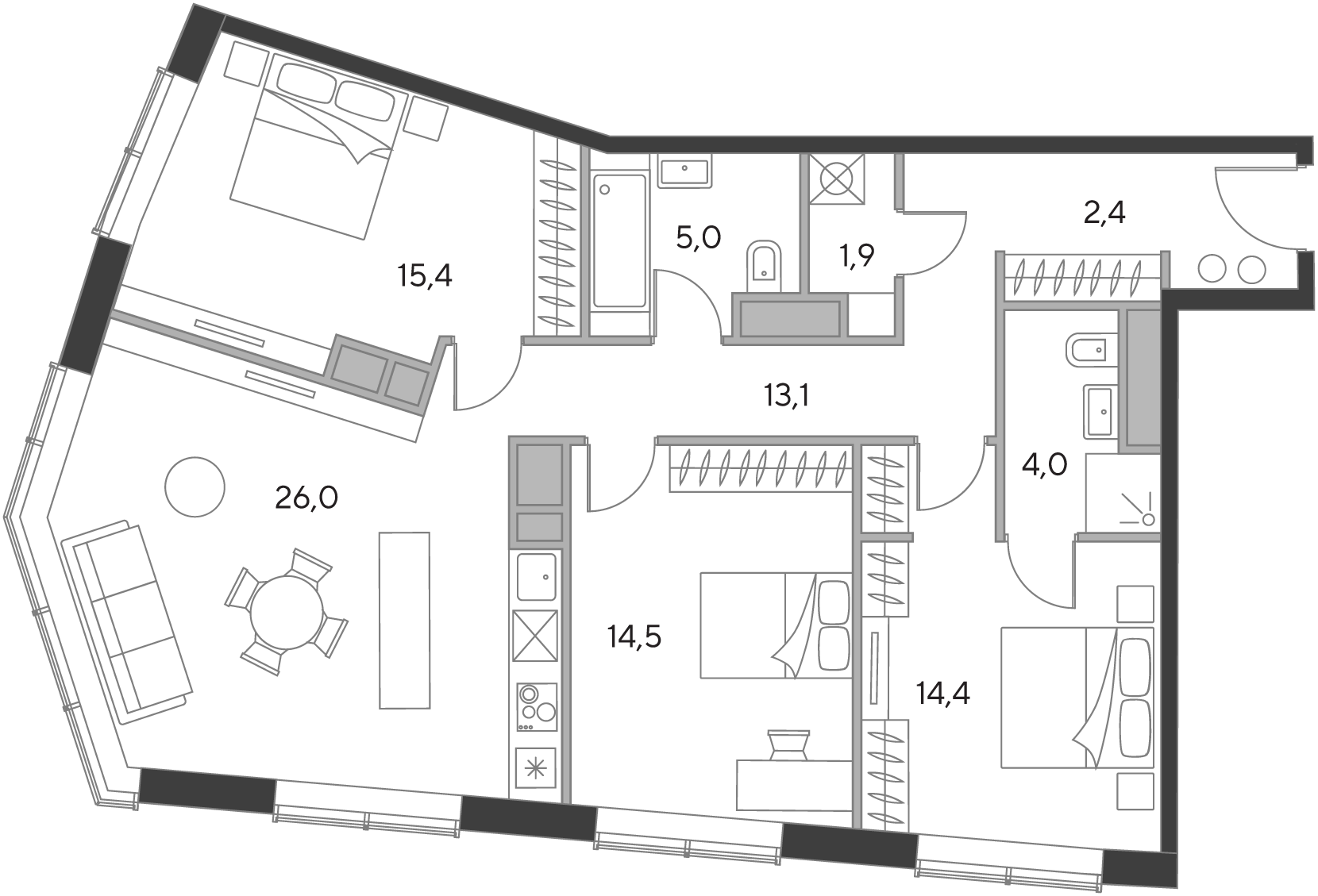 3 комн. квартира, 96.2 м², 17 этаж  (из 21)