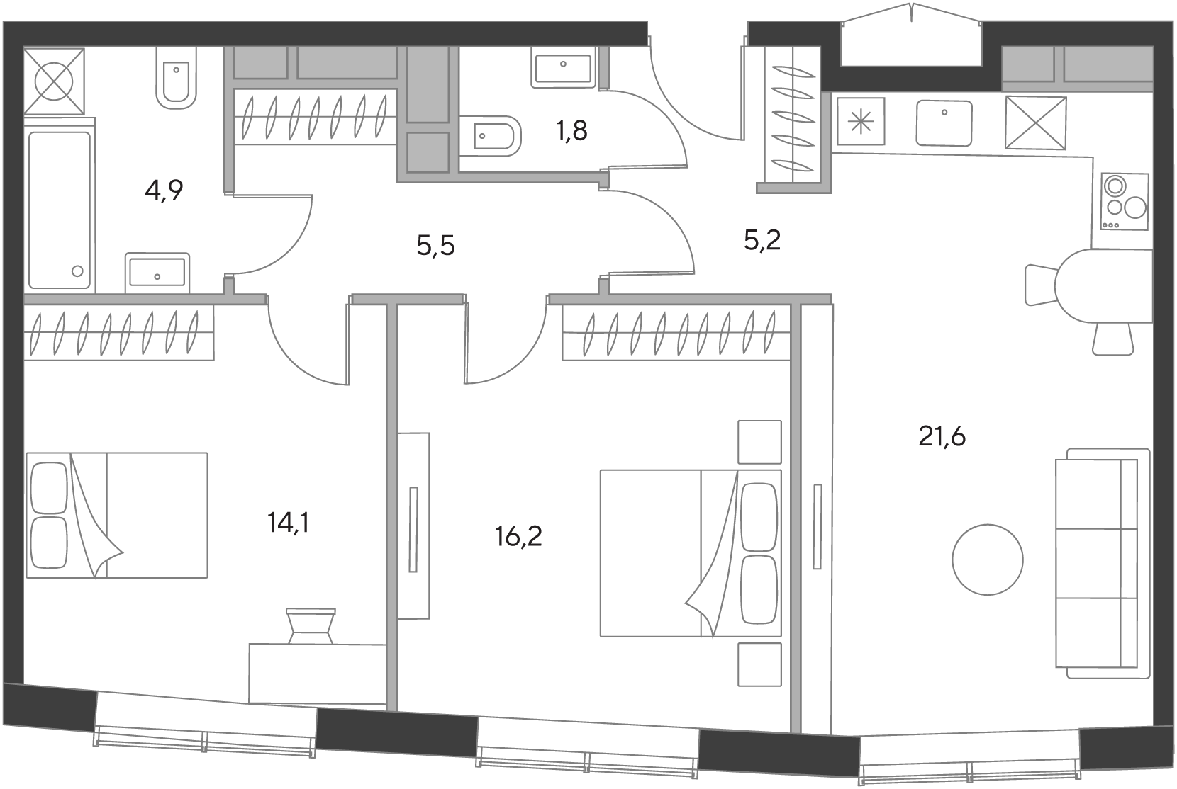 2 комн. квартира, 68.8 м², 20 этаж  (из 21)