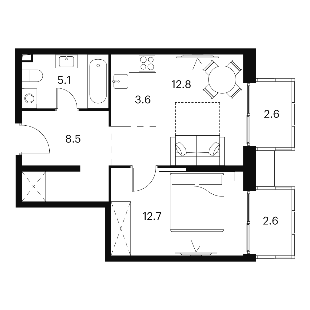 2 комн. квартира, 47.9 м², 15 этаж 