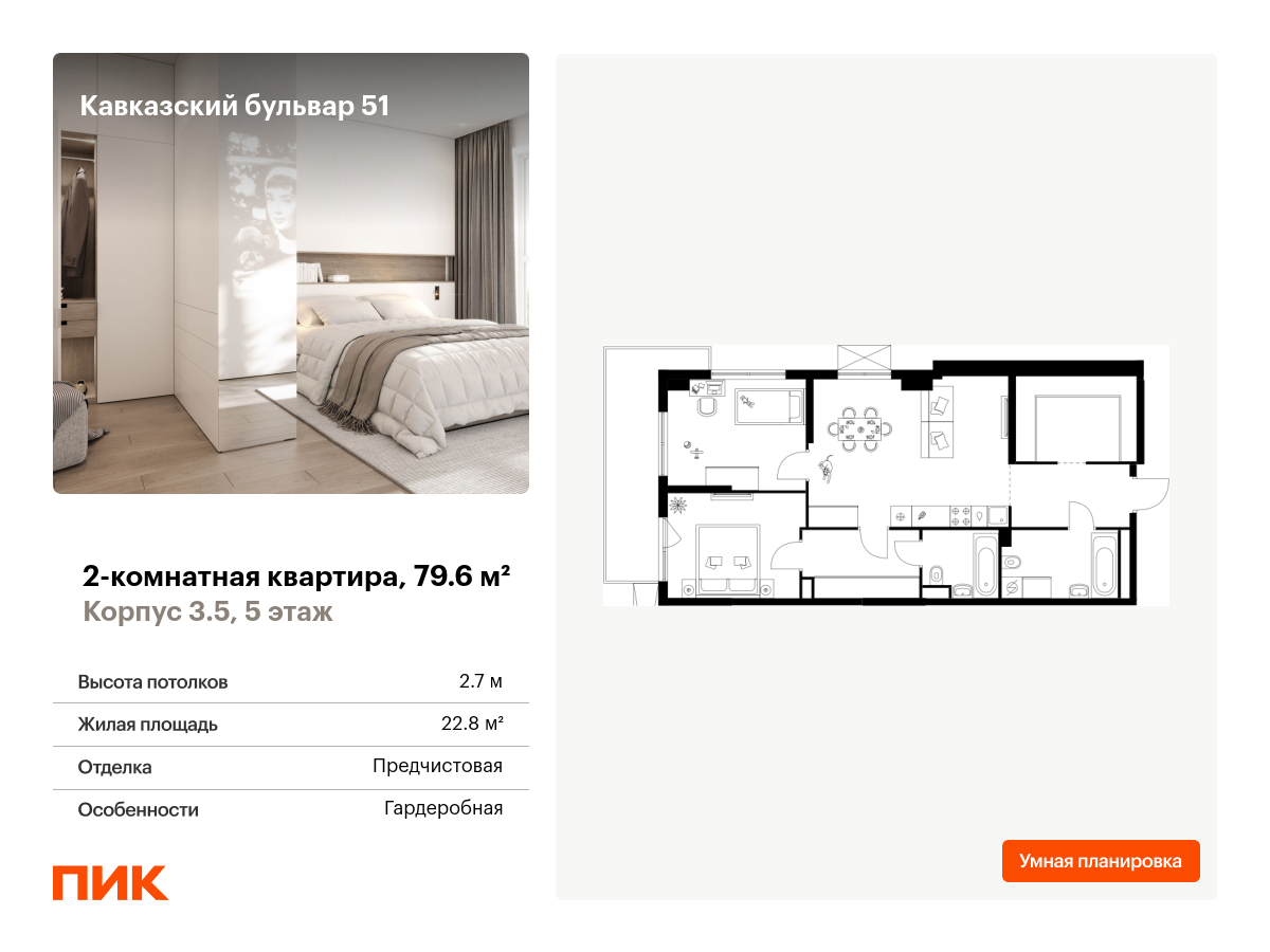 2 комн. квартира, 79.6 м², 5 этаж  (из 24)