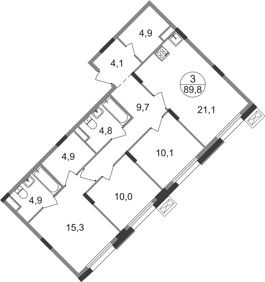 3 комн. квартира, 89.8 м², 5 этаж  (из 9)