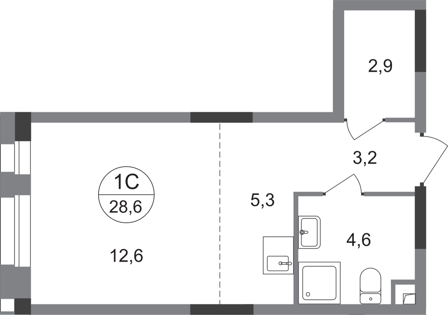 студия, 28.6 м², 1 этаж  (из 19)