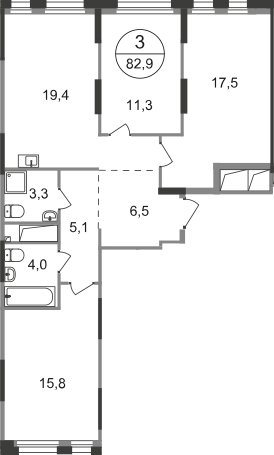 3 комн. квартира, 82.9 м², 4 этаж  (из 19)