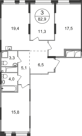 3 комн. квартира, 82.9 м², 5 этаж  (из 19)