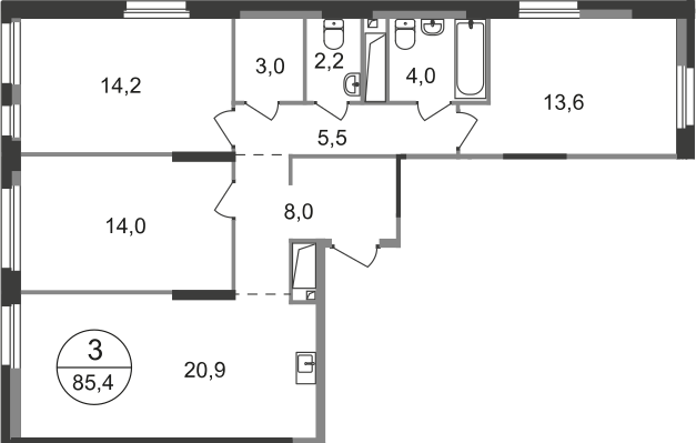 3 комн. квартира, 85.4 м², 14 этаж  (из 19)