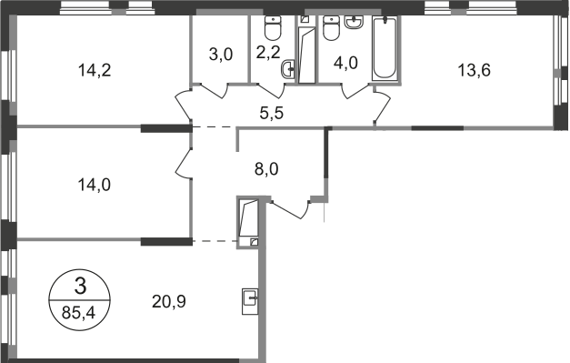3 комн. квартира, 85.4 м², 16 этаж  (из 19)