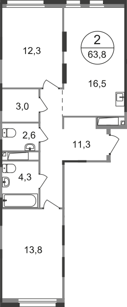 2 комн. квартира, 63.8 м², 16 этаж  (из 19)