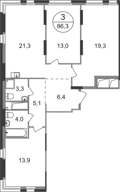 3 комн. квартира, 86.3 м², 15 этаж  (из 19)